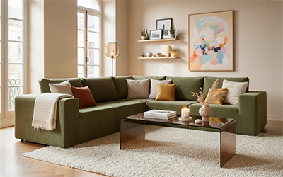 tavolo da salotto e divano accogliente in un soggiorno completo